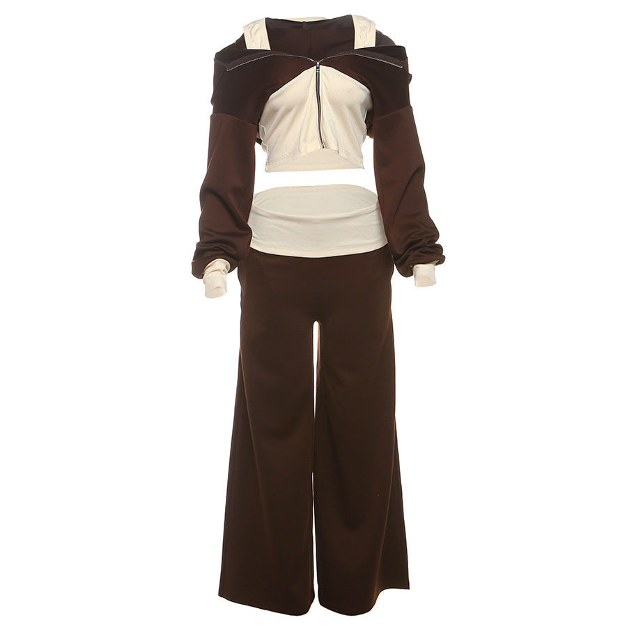 Autumn Luxe: Cropped Off-Shoulder Zip Hoodie & Wide-Leg Lounge Set for Women