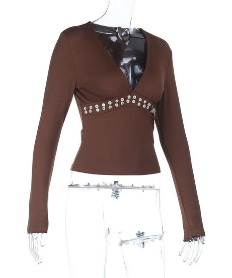 Autumn Luxe: Brown V-Neck Long Sleeve Top with Chic Studded Detail