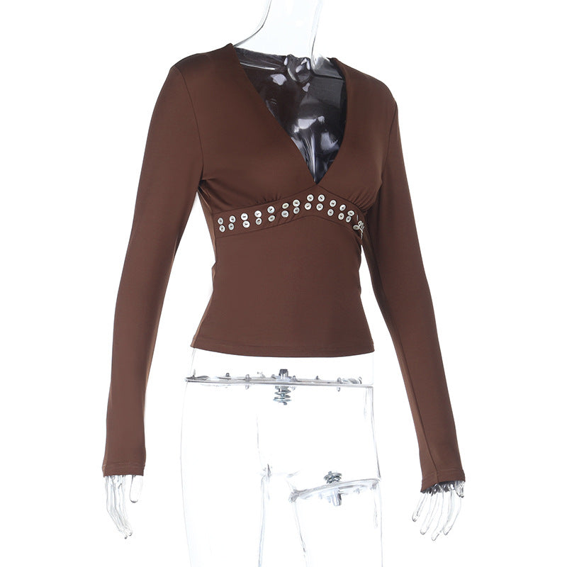 Autumn Luxe: Brown V-Neck Long Sleeve Top with Chic Studded Detail