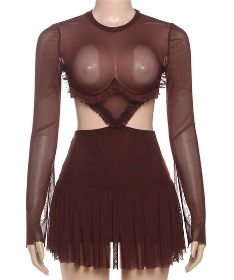 Sultry Espresso Sheer Mesh Mini Dress | Long Sleeve Cut-Out Bodycon for Fall Nights Out