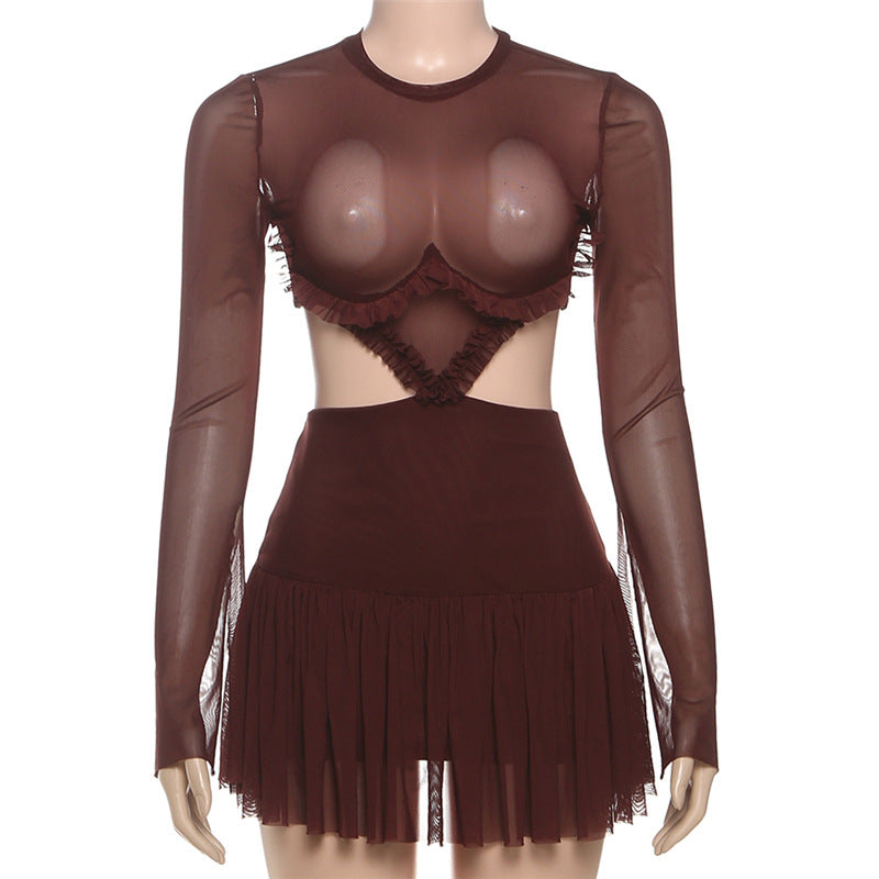 Sultry Espresso Sheer Mesh Mini Dress | Long Sleeve Cut-Out Bodycon for Fall Nights Out