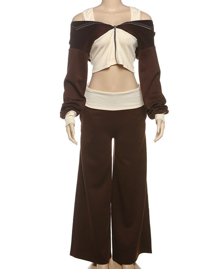 Autumn Luxe: Cropped Off-Shoulder Zip Hoodie & Wide-Leg Lounge Set for Women