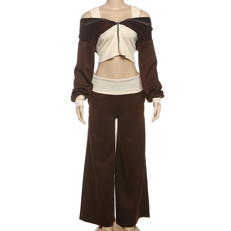 Autumn Luxe: Cropped Off-Shoulder Zip Hoodie & Wide-Leg Lounge Set for Women