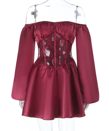Romantic Wine Red Off-Shoulder Corset Mini Dress – Elegant Lace & Satin for Fall & Holiday Parties