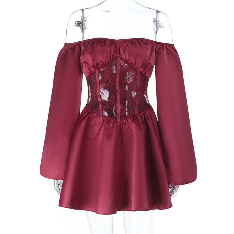 Romantic Wine Red Off-Shoulder Corset Mini Dress – Elegant Lace & Satin for Fall & Holiday Parties