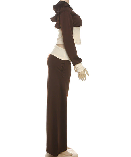 Autumn Luxe: Cropped Off-Shoulder Zip Hoodie & Wide-Leg Lounge Set for Women