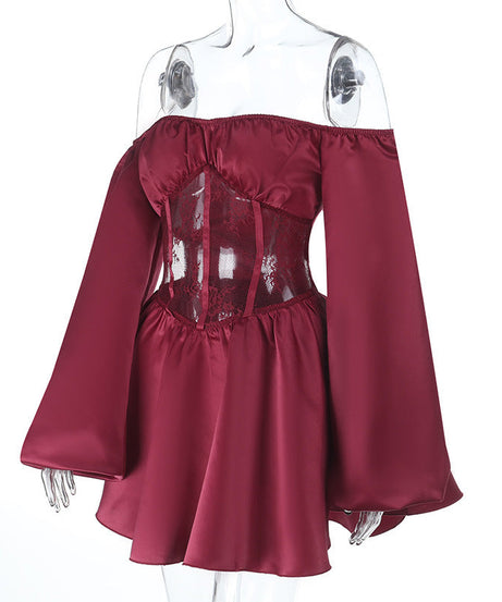 Romantic Wine Red Off-Shoulder Corset Mini Dress – Elegant Lace & Satin for Fall & Holiday Parties