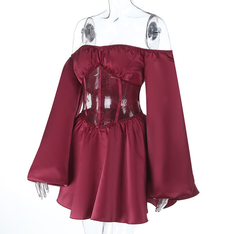 Romantic Wine Red Off-Shoulder Corset Mini Dress – Elegant Lace & Satin for Fall & Holiday Parties