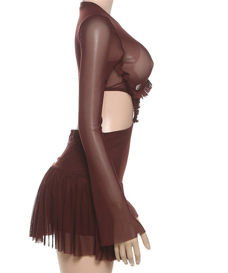 Sultry Espresso Sheer Mesh Mini Dress | Long Sleeve Cut-Out Bodycon for Fall Nights Out