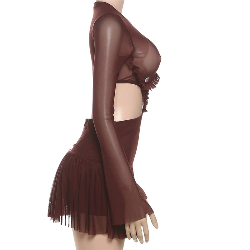 Sultry Espresso Sheer Mesh Mini Dress | Long Sleeve Cut-Out Bodycon for Fall Nights Out