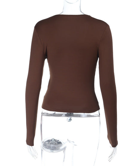 Autumn Luxe: Brown V-Neck Long Sleeve Top with Chic Studded Detail
