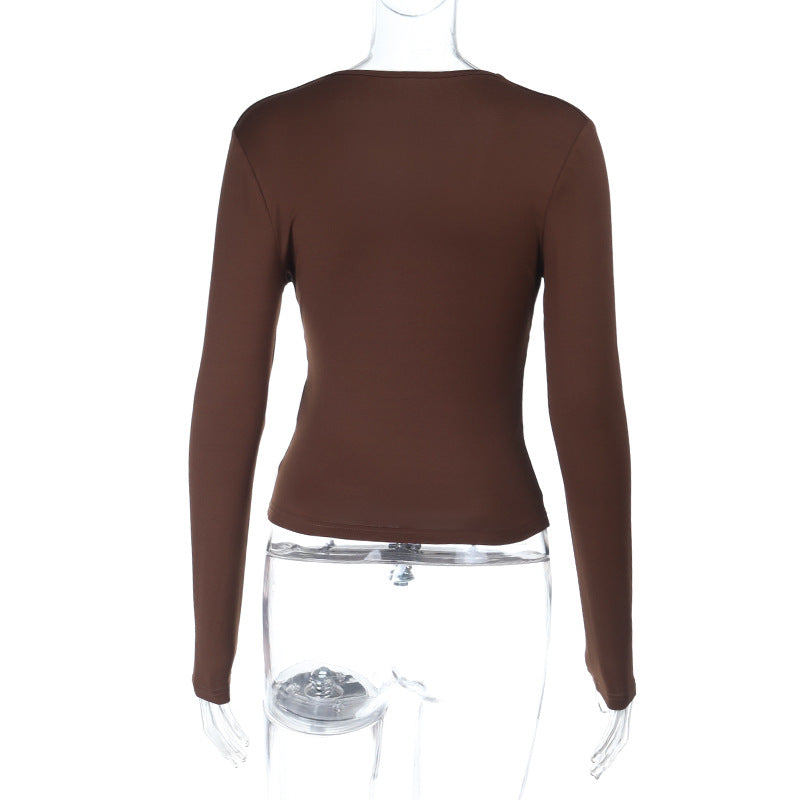 Autumn Luxe: Brown V-Neck Long Sleeve Top with Chic Studded Detail