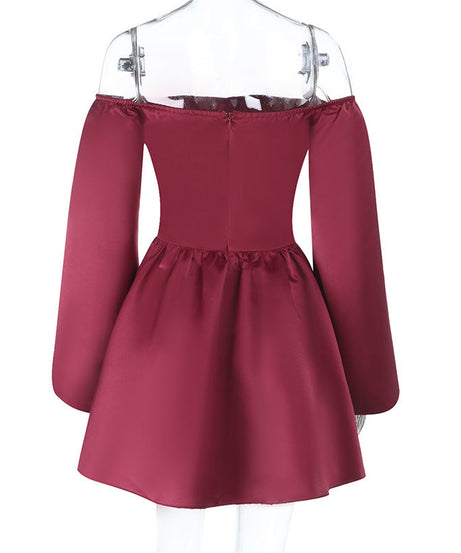 Romantic Wine Red Off-Shoulder Corset Mini Dress – Elegant Lace & Satin for Fall & Holiday Parties