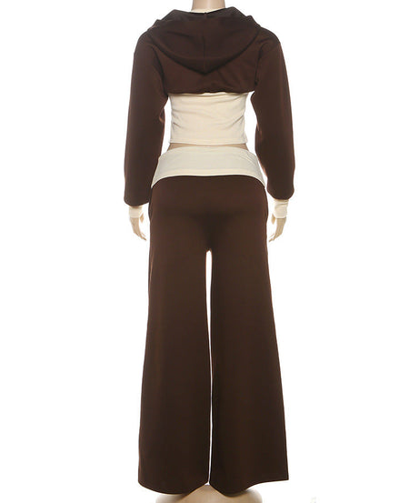 Autumn Luxe: Cropped Off-Shoulder Zip Hoodie & Wide-Leg Lounge Set for Women