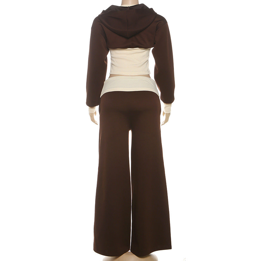 Autumn Luxe: Cropped Off-Shoulder Zip Hoodie & Wide-Leg Lounge Set for Women
