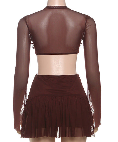 Sultry Espresso Sheer Mesh Mini Dress | Long Sleeve Cut-Out Bodycon for Fall Nights Out