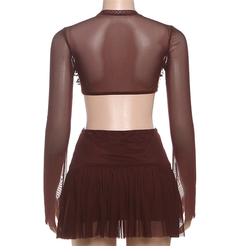 Sultry Espresso Sheer Mesh Mini Dress | Long Sleeve Cut-Out Bodycon for Fall Nights Out