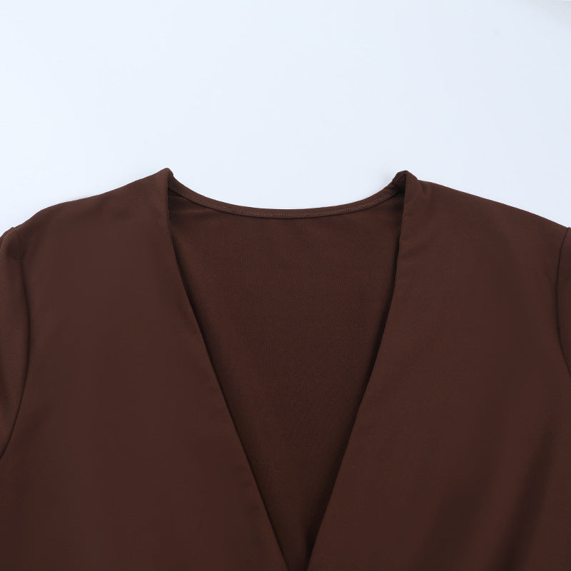 Autumn Luxe: Brown V-Neck Long Sleeve Top with Chic Studded Detail