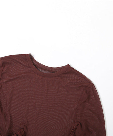 Sultry Espresso Sheer Mesh Mini Dress | Long Sleeve Cut-Out Bodycon for Fall Nights Out