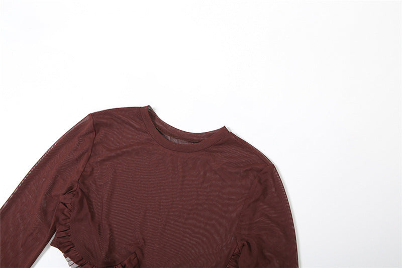 Sultry Espresso Sheer Mesh Mini Dress | Long Sleeve Cut-Out Bodycon for Fall Nights Out