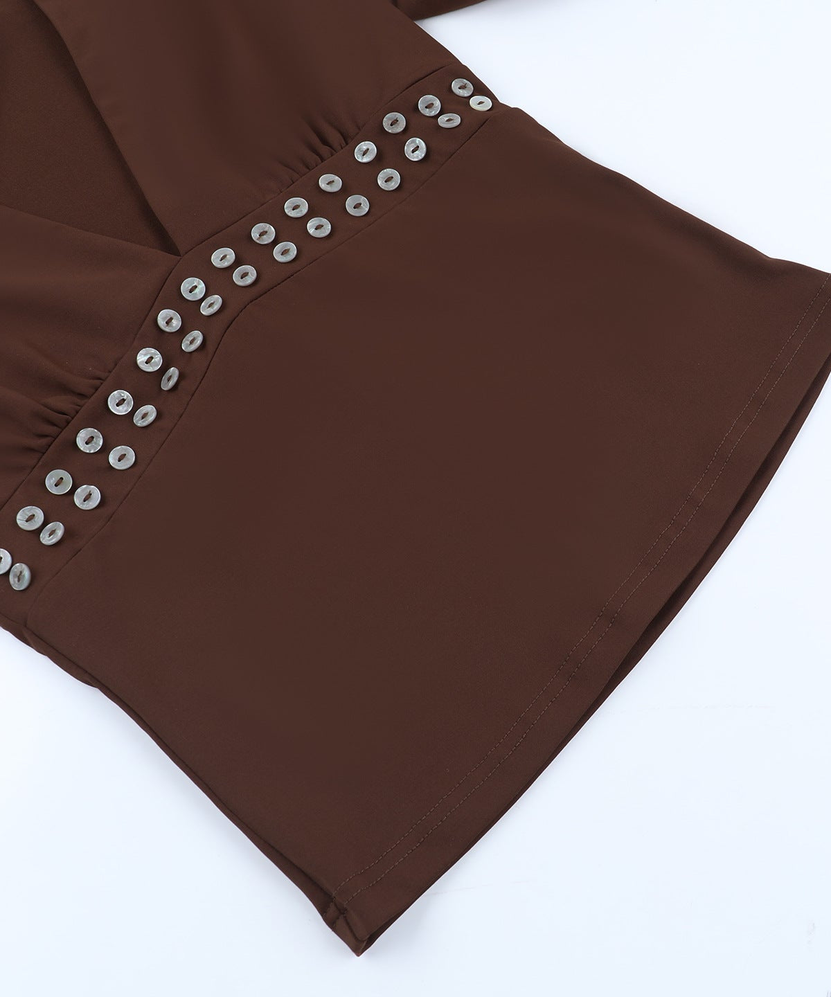 Autumn Luxe: Brown V-Neck Long Sleeve Top with Chic Studded Detail