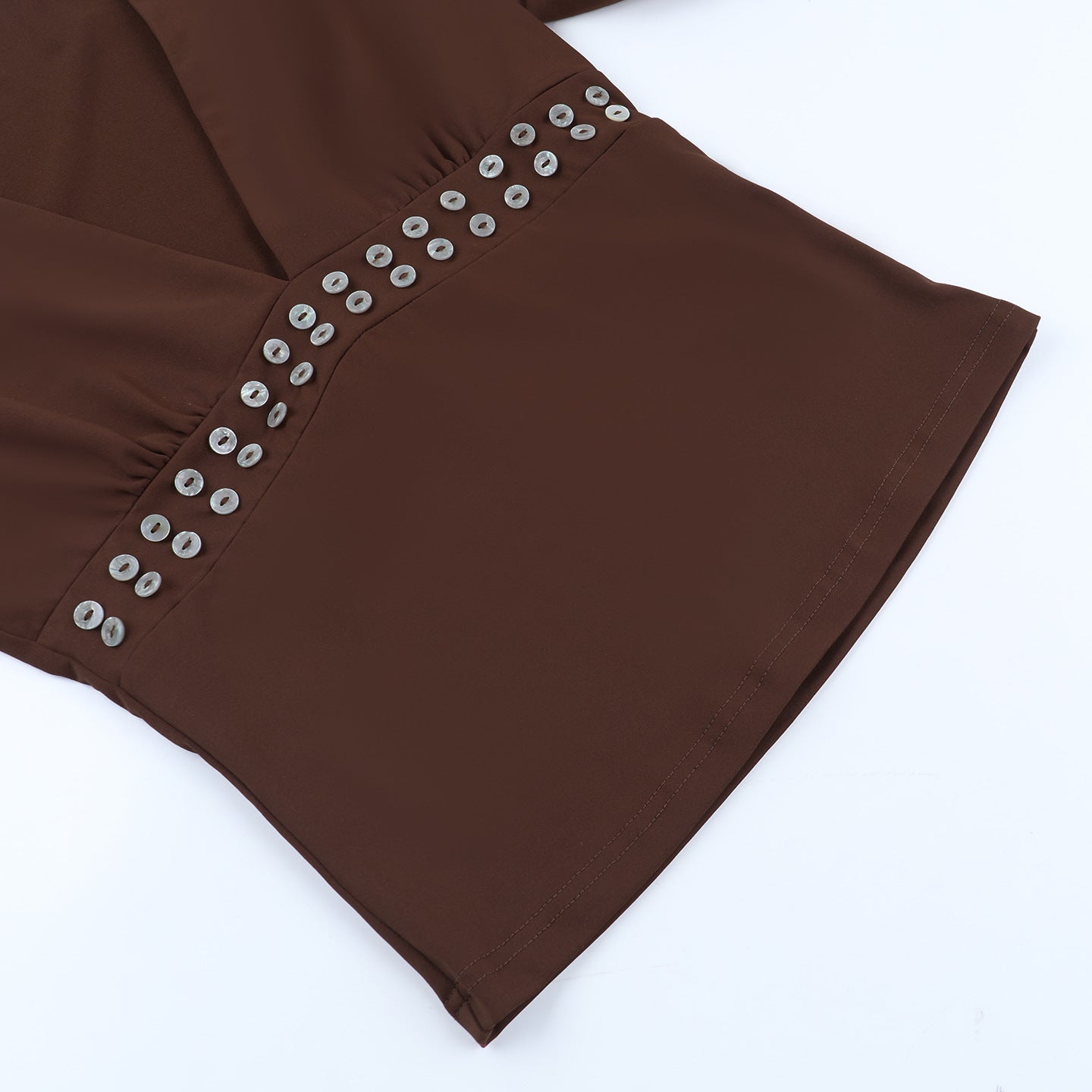 Autumn Luxe: Brown V-Neck Long Sleeve Top with Chic Studded Detail