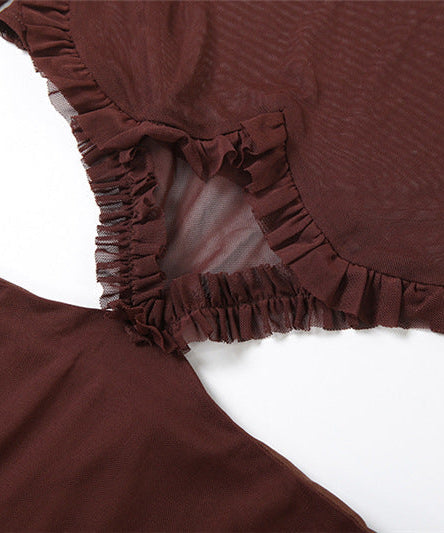 Sultry Espresso Sheer Mesh Mini Dress | Long Sleeve Cut-Out Bodycon for Fall Nights Out