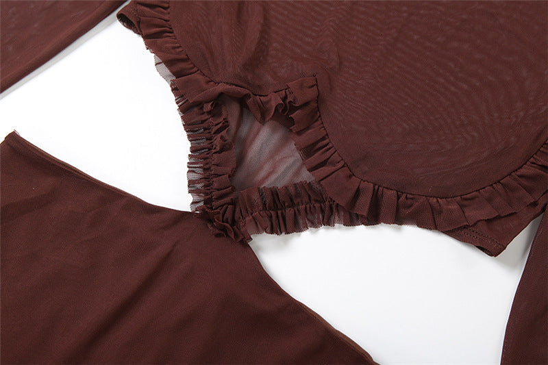 Sultry Espresso Sheer Mesh Mini Dress | Long Sleeve Cut-Out Bodycon for Fall Nights Out