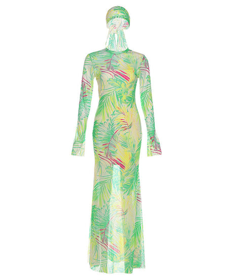 Vibrant Tropical Sheer Mesh Maxi Dress & Headwrap Set - Your Resort & Vacation Essential