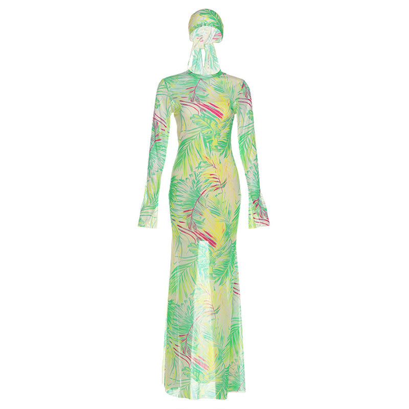 Vibrant Tropical Sheer Mesh Maxi Dress & Headwrap Set - Your Resort & Vacation Essential