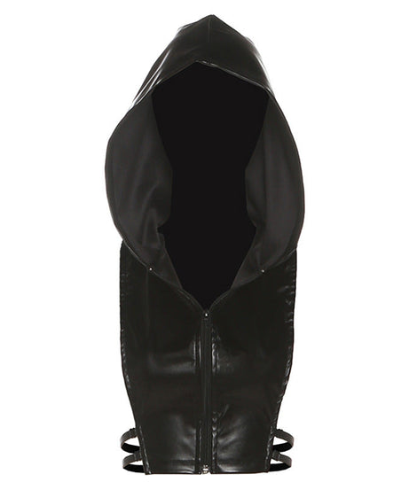 Commanding Black PU Leather Hooded Zip-Up Vest Top - Edgy Fall Nights & Halloween Statement Piece