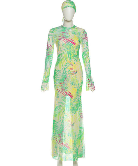 Vibrant Tropical Sheer Mesh Maxi Dress & Headwrap Set - Your Resort & Vacation Essential