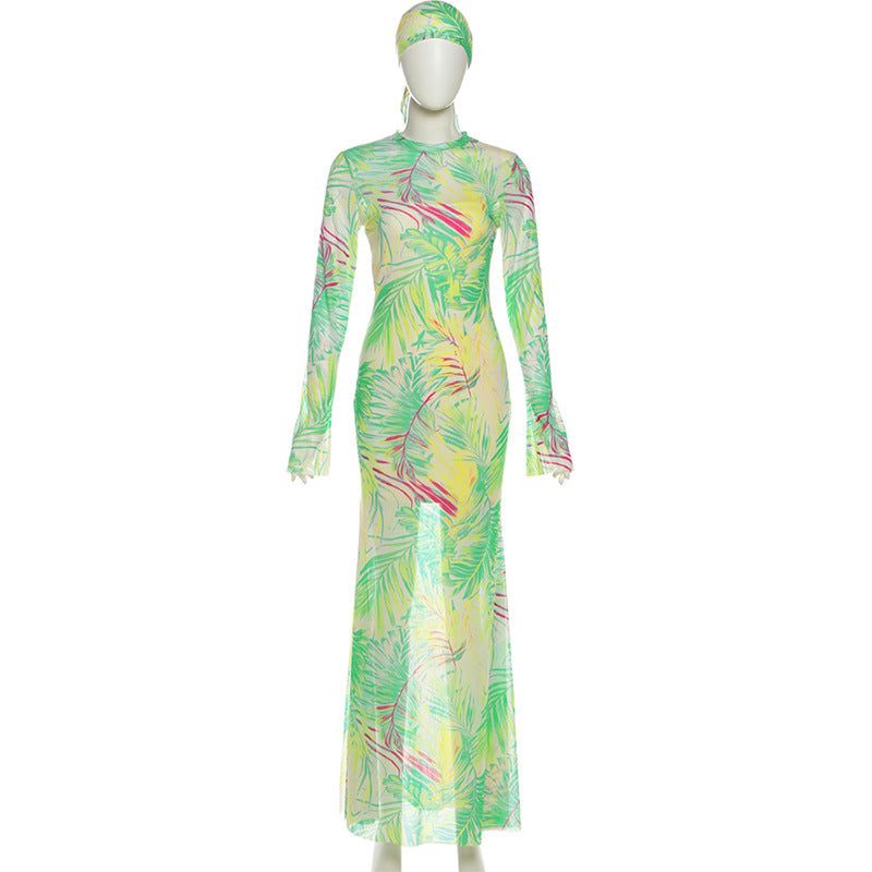 Vibrant Tropical Sheer Mesh Maxi Dress & Headwrap Set - Your Resort & Vacation Essential
