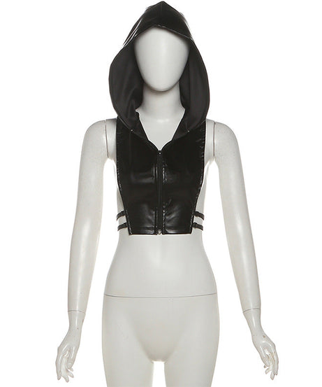 Commanding Black PU Leather Hooded Zip-Up Vest Top - Edgy Fall Nights & Halloween Statement Piece