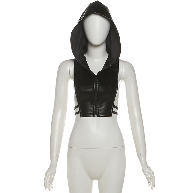 Commanding Black PU Leather Hooded Zip-Up Vest Top - Edgy Fall Nights & Halloween Statement Piece