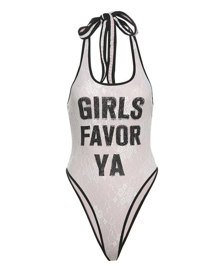 “Girls Favor Ya” Lace Halter Bodysuit – Y2K Chic for Fall & Beyond