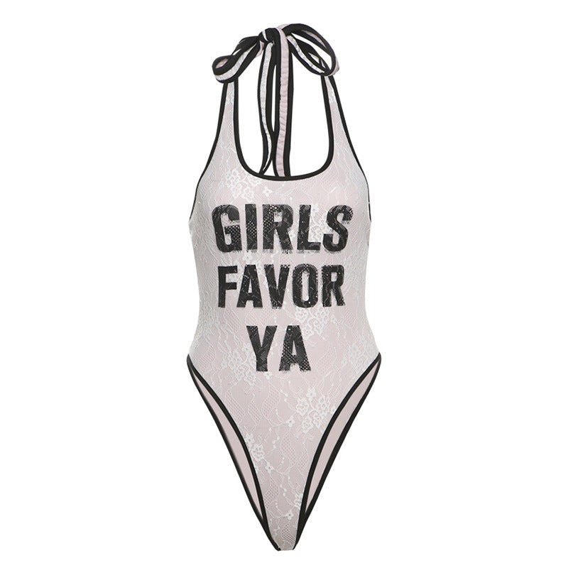 “Girls Favor Ya” Lace Halter Bodysuit – Y2K Chic for Fall & Beyond