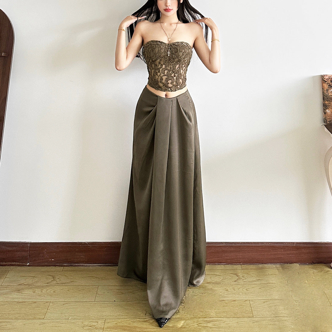 Chic Olive Green Lace Bustier Crop Top – Autumn Evening & Holiday Ready