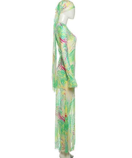 Vibrant Tropical Sheer Mesh Maxi Dress & Headwrap Set - Your Resort & Vacation Essential