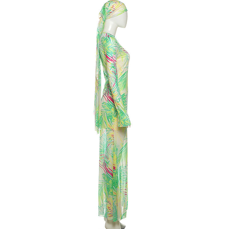 Vibrant Tropical Sheer Mesh Maxi Dress & Headwrap Set - Your Resort & Vacation Essential