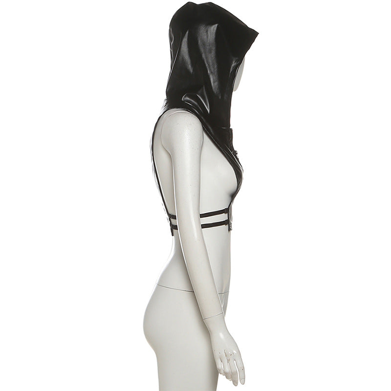 Commanding Black PU Leather Hooded Zip-Up Vest Top - Edgy Fall Nights & Halloween Statement Piece