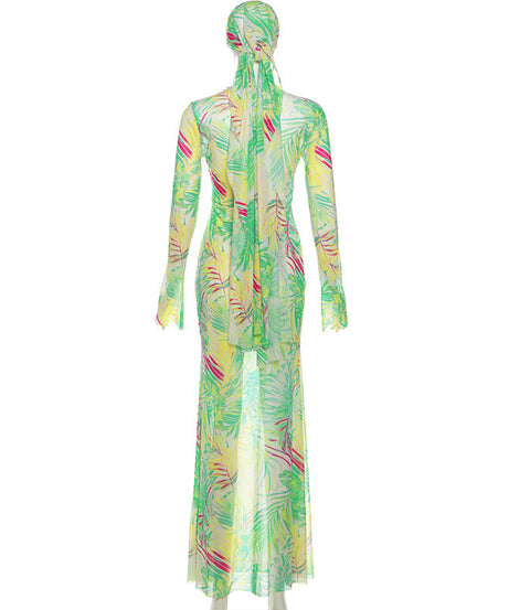 Vibrant Tropical Sheer Mesh Maxi Dress & Headwrap Set - Your Resort & Vacation Essential