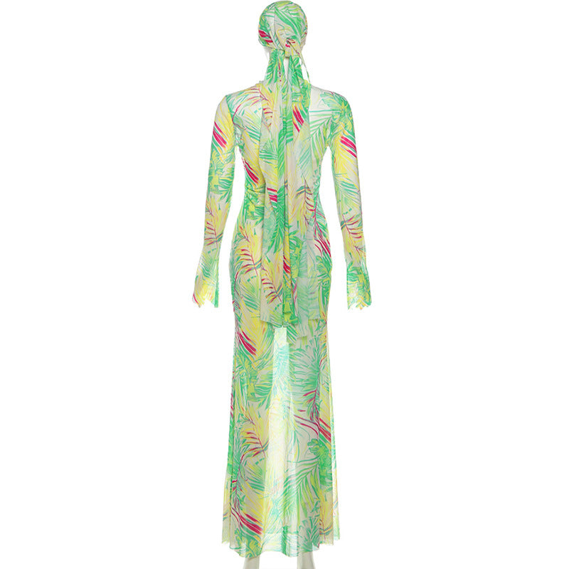 Vibrant Tropical Sheer Mesh Maxi Dress & Headwrap Set - Your Resort & Vacation Essential