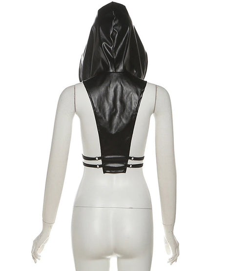 Commanding Black PU Leather Hooded Zip-Up Vest Top - Edgy Fall Nights & Halloween Statement Piece