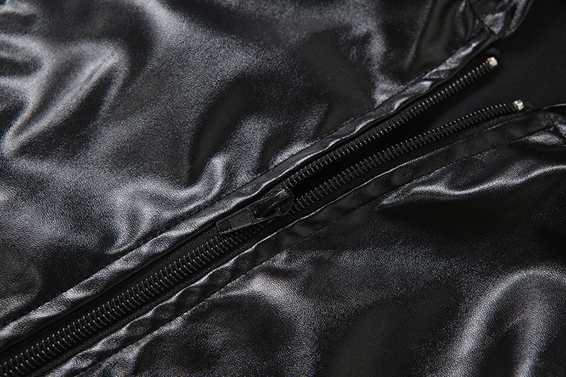 Commanding Black PU Leather Hooded Zip-Up Vest Top - Edgy Fall Nights & Halloween Statement Piece