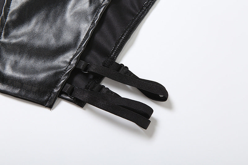 Commanding Black PU Leather Hooded Zip-Up Vest Top - Edgy Fall Nights & Halloween Statement Piece