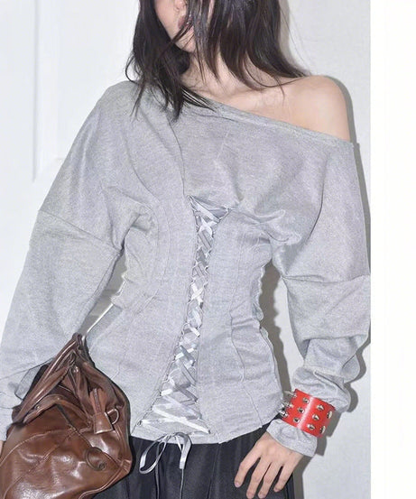 Autumn Edge Off-Shoulder Corset Top | Chic Lace-Up Long Sleeve Sweatshirt