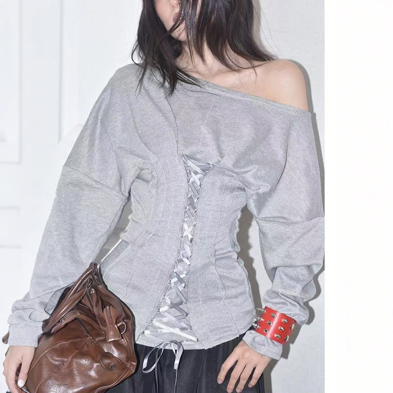 Autumn Edge Off-Shoulder Corset Top | Chic Lace-Up Long Sleeve Sweatshirt