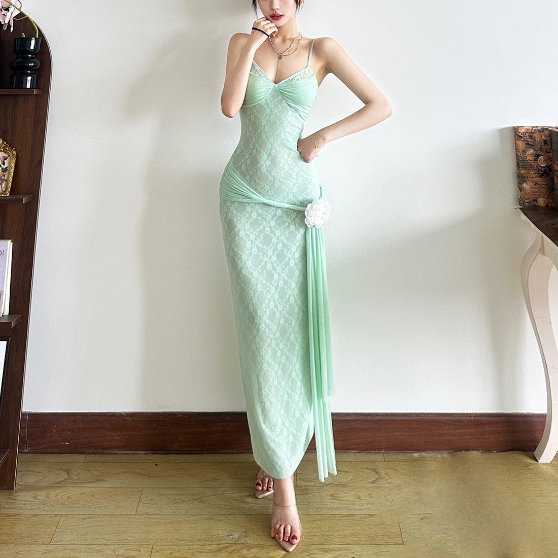 Dreamy Mint Lace Maxi Slip Dress with Floral Drape - Perfect for Fall Events & Tropical Getaways