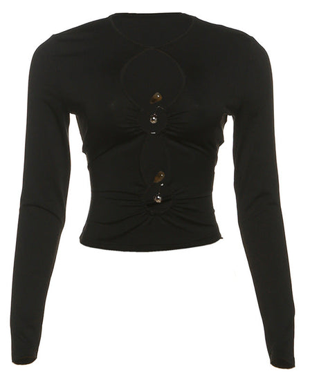 Chic Fall Vibes: Black Ruched Cutout Long Sleeve Top - Trendy & Flattering